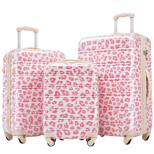 Merax Leopard Print Luggage Sets, 3 Piece Expandable Suitcase Set with Spinner Wheels,Large Checked Travel Suitcases and Carry On Travel Luggage, 100% PC, TSA Lock,Pink
