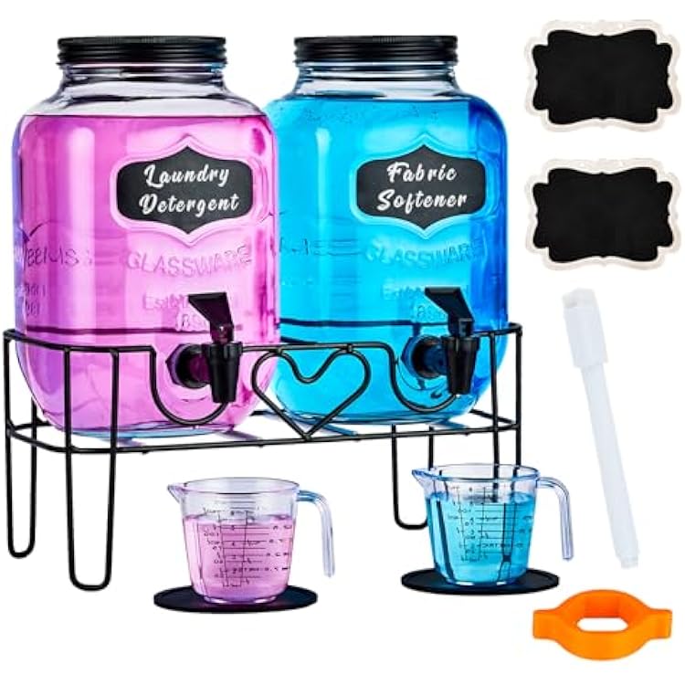1 Gallon Liquid Laundry Detergent Dispenser with Stand, Glass Laundry Soap Dispenser, Glass Jars for Laundry Room Organization and Storage, Liquid Detergent, Fabric Softener