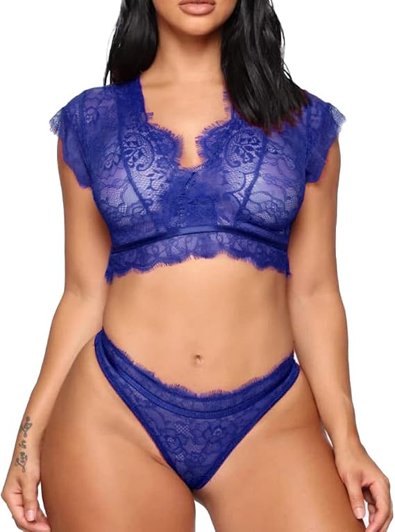 SINGUYUN Women's Sexy Lingerie Bra and Panty Set Two Piece Babydoll Eyelashes Lace Underwear S-XXL