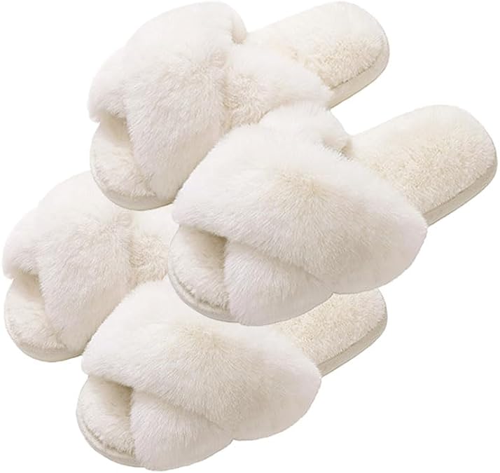 Evshine 2Pairs 4Pairs Women's Fuzzy Slippers Cross Band Memory Foam House Slippers Open Toe Indoor Outdoor Shoes