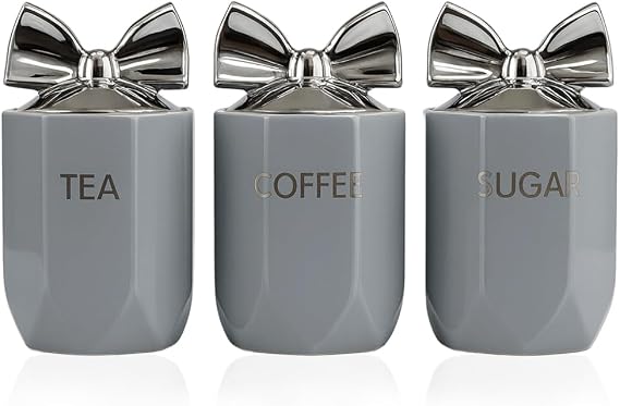 OBD Ceramic Tea Coffee Sugar Canister Set Airtight Kitchen Storage Jars with Silver Lids for Home Countertop Organization Other Sweet Treats Kitchen Accessories (Grey)