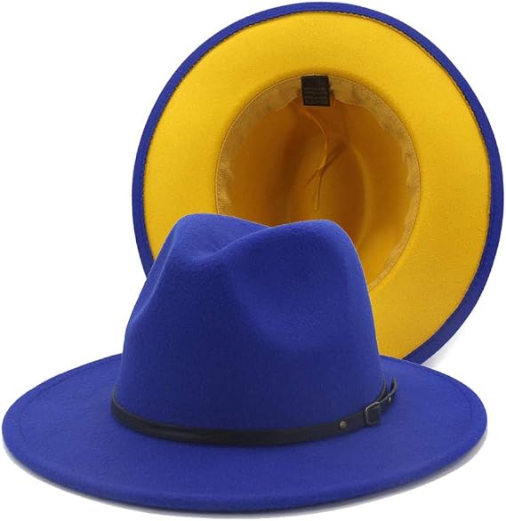 Fedora Hats for Women Wide Brim Two Tone Felt Panama Hat with Belt-Buckle