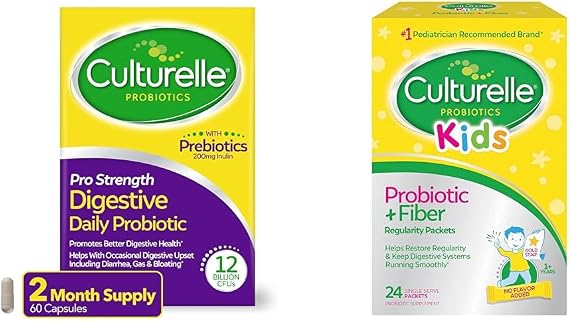 Culturelle Pro Strength Daily Probiotic Capsules, 60 Count & Kids Probiotic + Fiber Packets, 24 Count