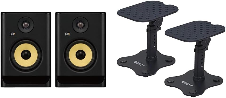 KRK RP5G5 Powered Monitor Speaker Set Sold in Pair + Kikutani Monitor Speaker Pair, Top Board: 8.7 x 7.1 inches 220 x 180 mm, Height: 9.4 - 11.3 inches 239 - 288 mm, Angle Adjustment: ±10 MOS