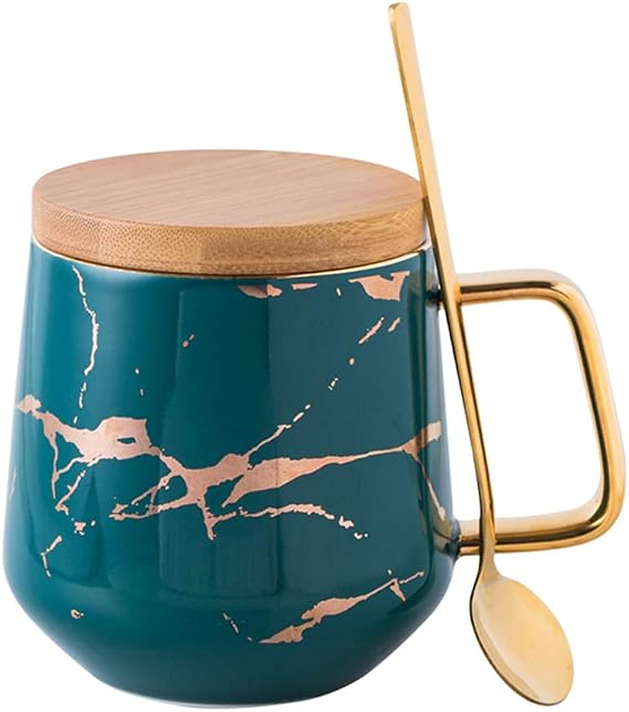 Ceramic Tea Cup- Marble Pattern (Green, Tall 400ml + Wood lid)