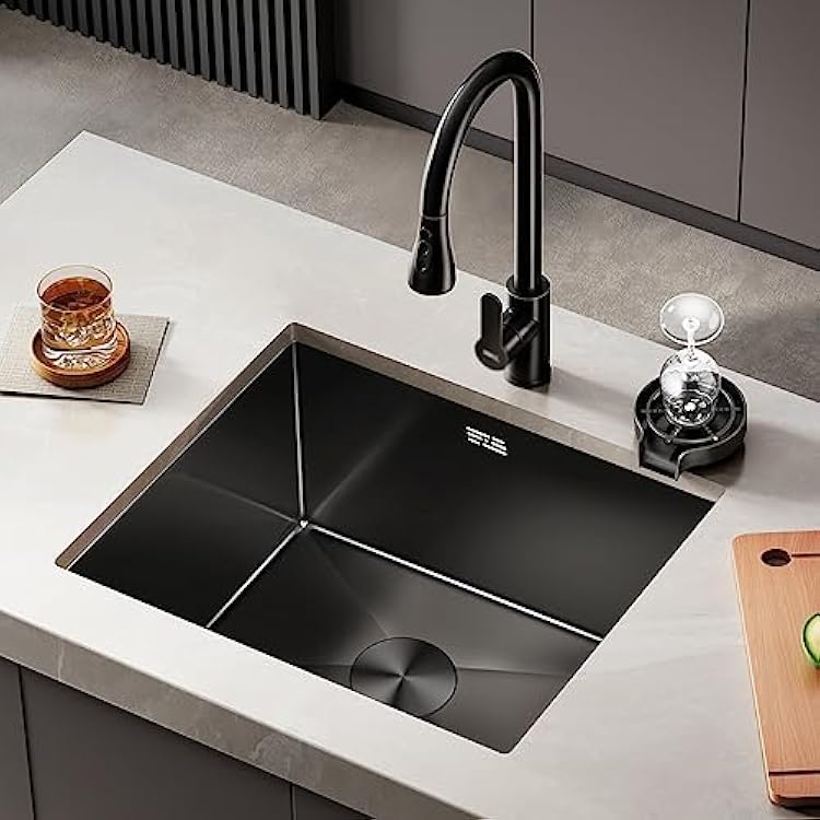 Black Stainless Steel Kitchen Sink with Cup Washer and Drainage Basket Bar Prep Sink Undermount Black, Basket Strainers Assembly, Mounting Hardware Color : Black-A, Size : 50x40x21cm