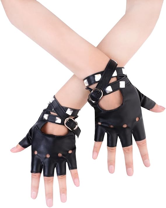 JISEN Women PU Leather Punk Gloves Rivets Belt Up or Snap Half Finger Performance Mittens