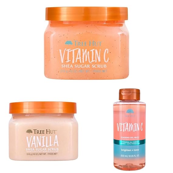 Tree Hut Vitamin C & Vanilla Body Care Set, Includes 2 Exfoliating Body Scrubs and 1 Foaming Vitamin C Body Wash, 3-Piece Bundle