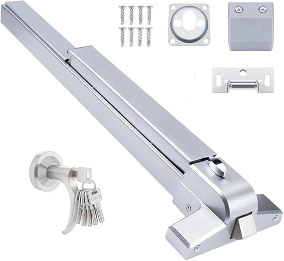 Push Bar Door Lock with 6 Keys, Emergency Exit Door Hardware with Handle, Aluminum Commercial Push Bar Panic Exit Device Left/Right Compatible