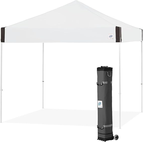 E-Z UP Pyramid Instant Shelter Canopy, 10' x 10' with Wide-Trax Roller Bag & 4 Piece Spike Set, White