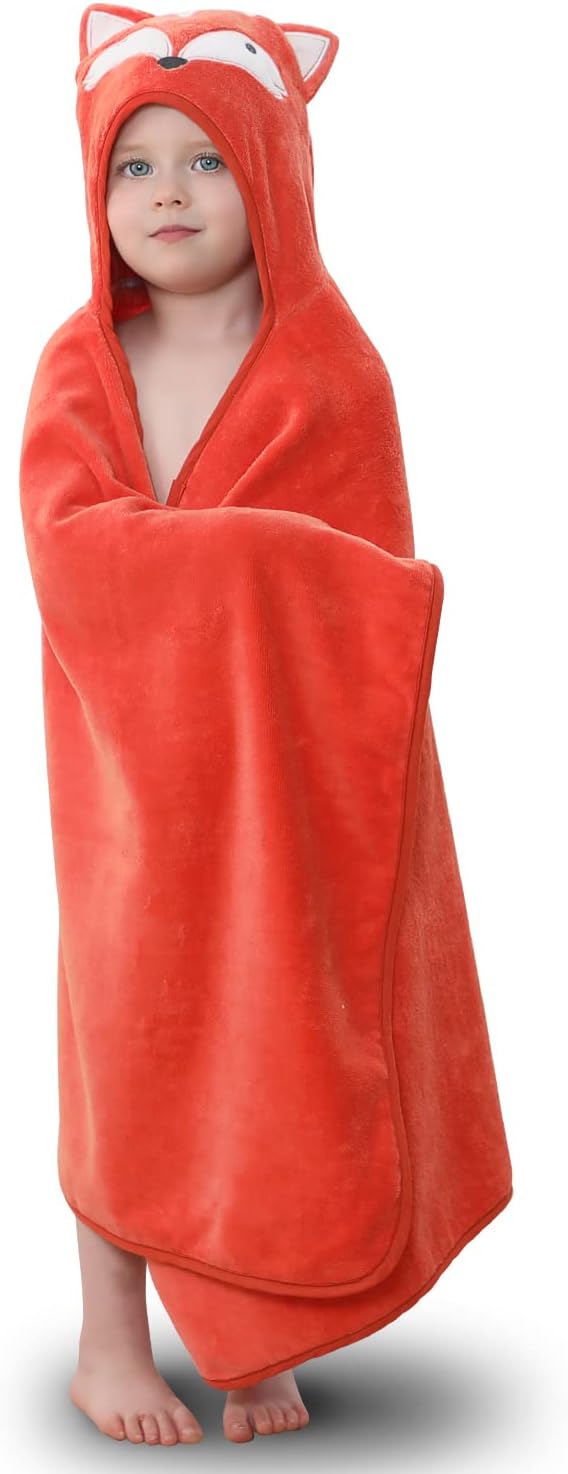 TBEZY Hooded Towel for Kids 100% Cotton Ultra Soft with Unique Animal Design Large for Infants 3-10 Years (Fox)