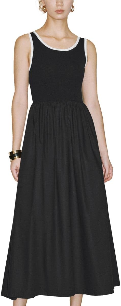 URBAN REVIVO Summer Dresses for Women 2025 Sleeveless Maxi Dress Tank Patchwork Knit Formal Flowy Long