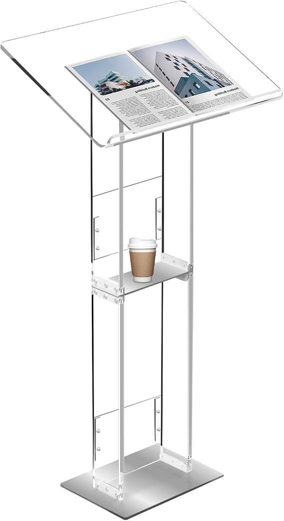 Acrylic Podium Stand, 43.5" Clear Lectern Pulpit for Church & Classroom, Adjustable Angle Reading Surface with Heavy Metal Base, Floor Standing Podium for Weddings, Speech & Office