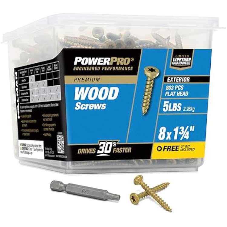 Power Pro Premium Exterior Wood Screws, #8 x 1-34Inch All-Purpose Deck Screws for Outdoor Projects, T-25 Star Bit Included, Bronze, 803 Pieces | 48607V4
