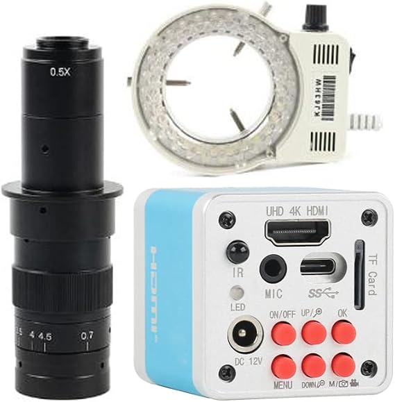 4K UHD Digital Microscope TF HDMI USB Type-C 3.0 Industrial Electronic Microscope Camera & 180X C-Mount Lens Whit 56-LED Adjustable Ring Light