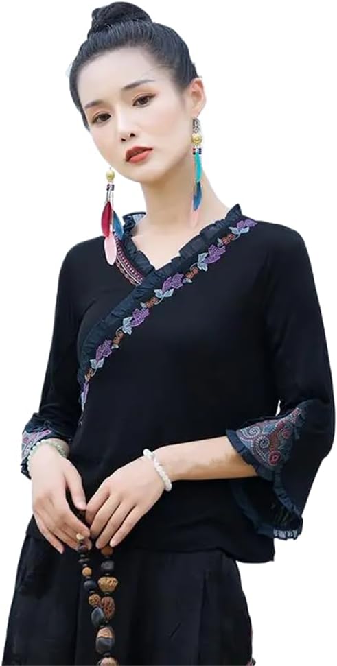 Woman Chinese Shirt Hanfu Tops Folk Cheongsam Flower Embroidery Clothing Oriental Suit