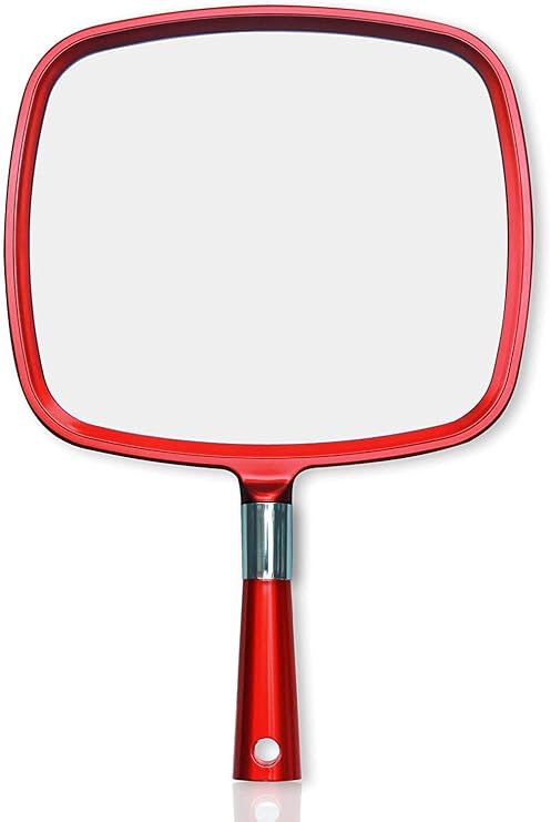 MIRRORVANA Professional Large Hand Mirror, Ergonomic Handle, 9" x 13" (Red)