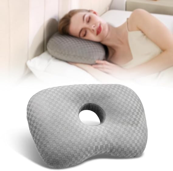 Ear Piercing Pillow with an Ear Hole for CNH and Ear Pain Ear Inflammation Pressure Sores for Side Sleepers, Washable and Adjustable Polyester and Cotton Side Sleeping Ear Pillow (Gray)