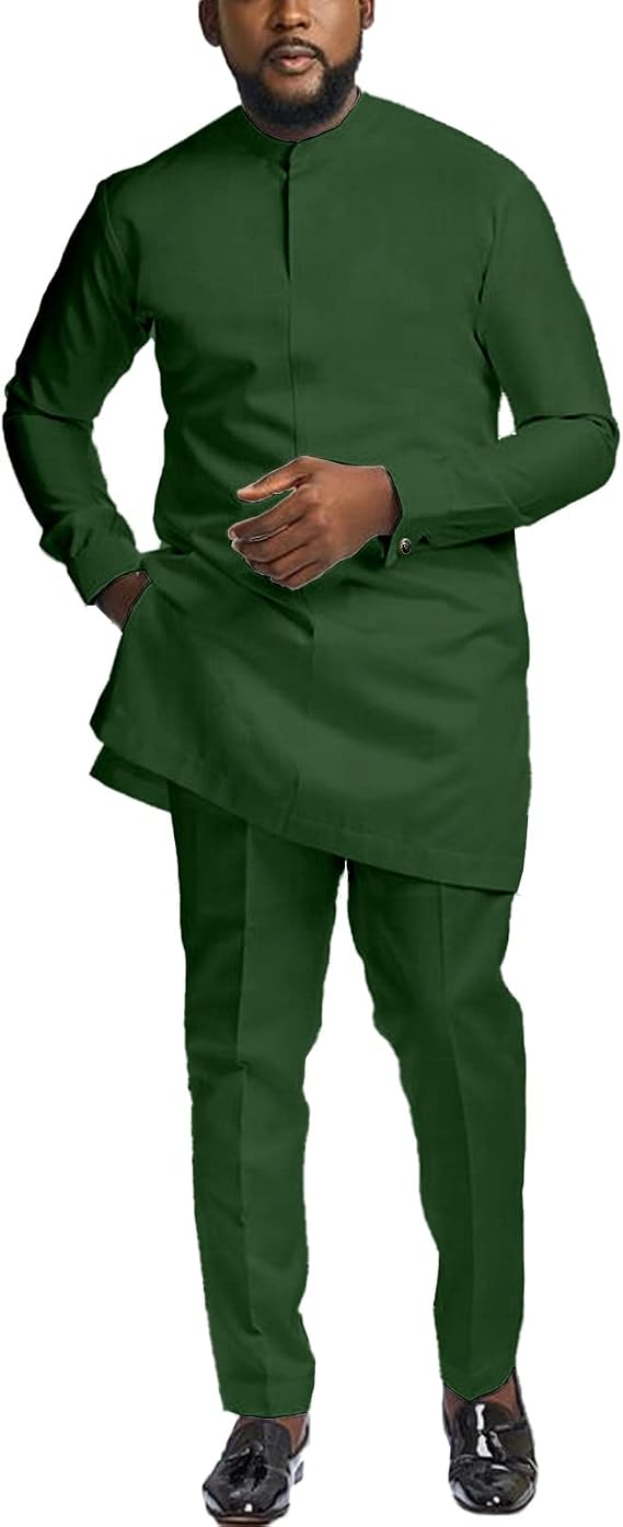African Suits for Men Slim Fit Dashiki Long Sleeve Shirt and Pant 2 Piece Attire Traditional Outfits