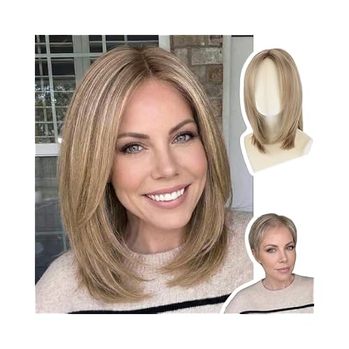 WIGYY Blonde Mono Top Wigs for White Women 15 Inch Shoulder Length Straight Synthetic Wig, Glueless Realistic Hair Wig with Natural Scalp, Heat-Resistant Fiber for Older Women Daily Use