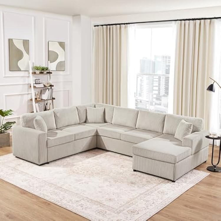 Oversized Sectional Sofa 115.3 U-Shaped Sofa with a Chaise Lounge and Three Soft Throw Pillows, Corduroy Fabric 6 Seat Comfy Couches for Living Rooms Offices Apartment Light Gray-6.23