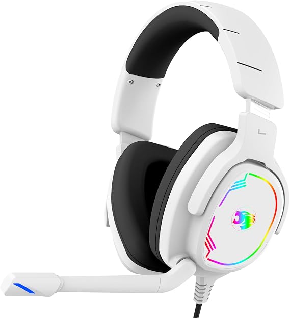 Jimonyer Gaming Headset with Microphone, 7.1 Surround Sound and Noise Canceling Over Ear Headphones for PC, PS4, PS5,Xbox Series,Switch, RGB Light and Soft Imitation Protein Earmuffs (White)