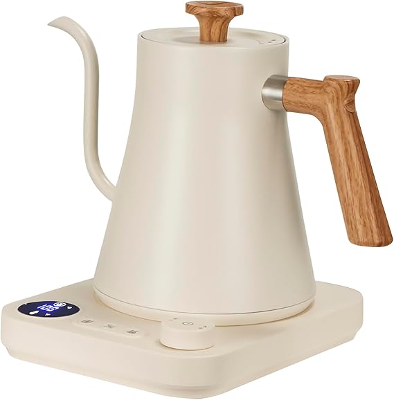 Electric Gooseneck Kettle 0.9L with LCD Display, 304 Stainless Steel Pour-Over Coffee & Tea Hot Water Boiler, Automatic Temperature Control, 1200W Quick Heating Tea Pot White