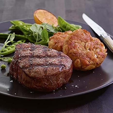 Premium Surf & Turf Super Trimmed Filet Mignon Steaks, 6 count of 6 oz each, and Authentic Maryland Style Crab Cakes, 6 count of 3 oz each. From Kansas City Steak Company.