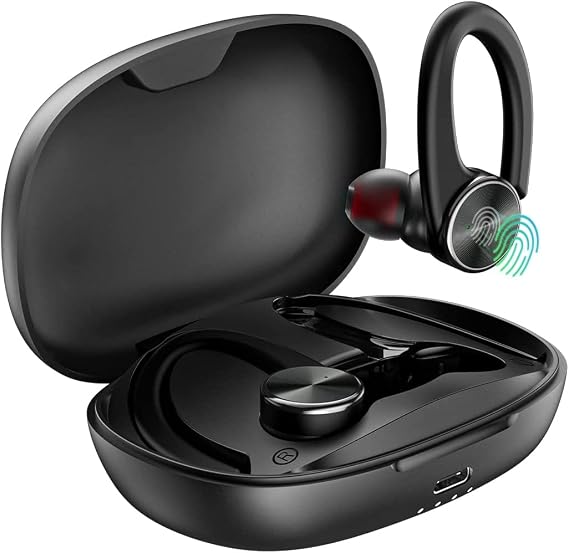 TTQ Wireless Earbuds, Bluetooth Headphones 80Hrs Playback with Wireless Charging Case and Earhooks Over Ear Waterproof Earphones with Mic for Sports iOS Android TV Phone Laptop, Black (U89)
