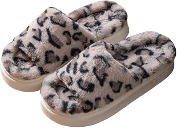 Open Toe Fuzzy Slippers for Women, Soft Plush Leopard Band Slides, Non-Slip Faux Fur Lining Sandal Bedroom House Indoor Outdoor Shoes (36/37 EU, Gray)