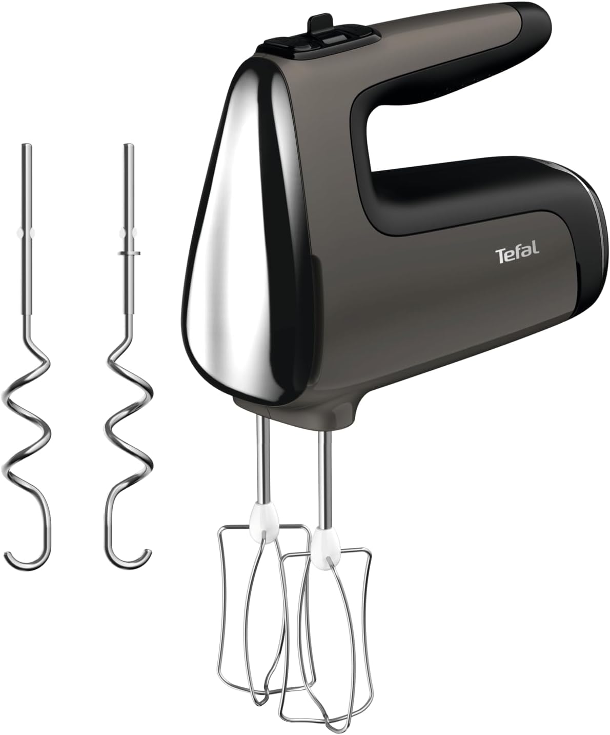 Tefal HT650E38 Power Mix Silence Hand Mixer 600 Watt Variable Speed Control Turbo and Ejection Function Extremely Quiet Motor Hand Mixer with 2 Whisks and 2 Dough Hooks Grey