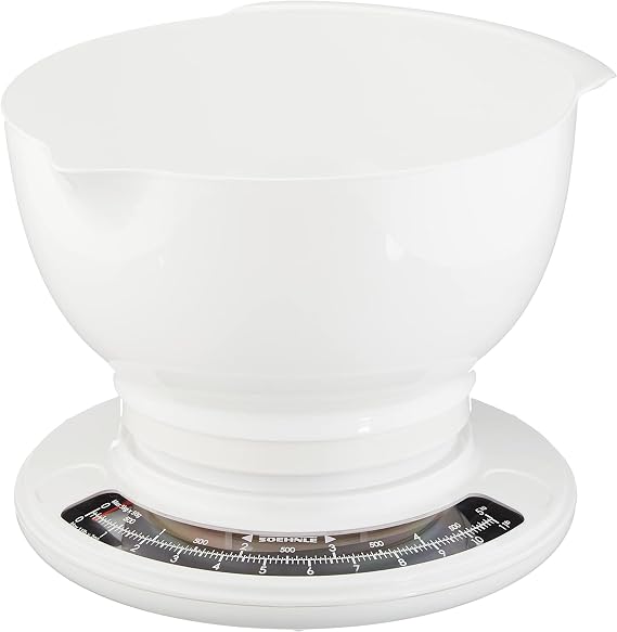 Soehnle Culina Pro Analogue Kitchen Scales with 2.5 L Mixing Bowl White/Black 5 kg load capacity in g/kg and oz/lb 50 g division mechanical weight function robust household scales made of plastic
