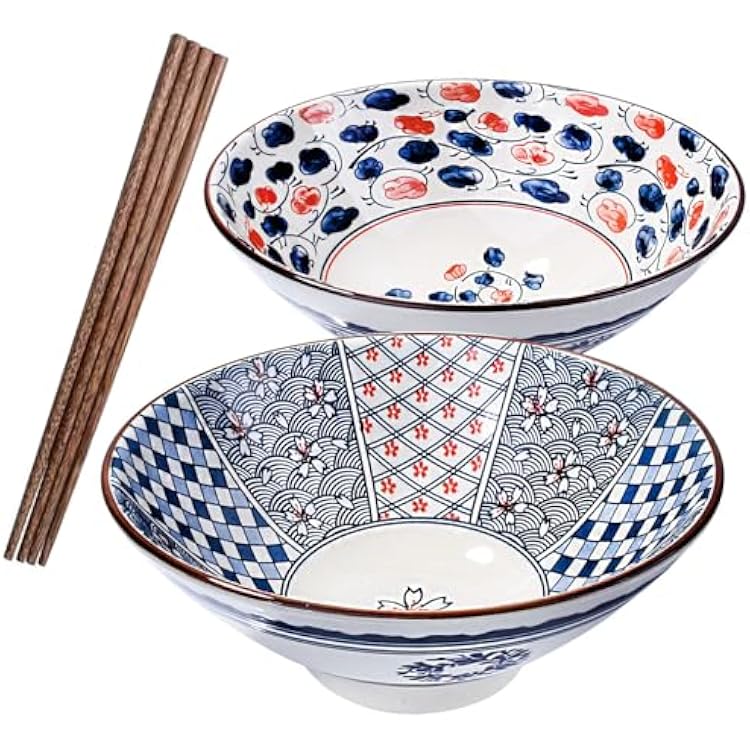 Japanese Porcelain Ramen Bowl and Chopstick Set of 2 Large Ceramic Instant Noodle Bowls for Pho Lamian Noodles