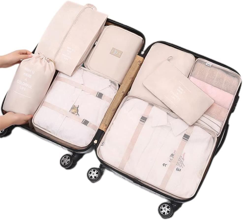 8 pcs Packing Cubes Set, Travel Luggage Organizer Storage Bags Suitcase Packing Cases Including Updated Toiletry Bag, Laundry Bag & Shoes Bag Beige