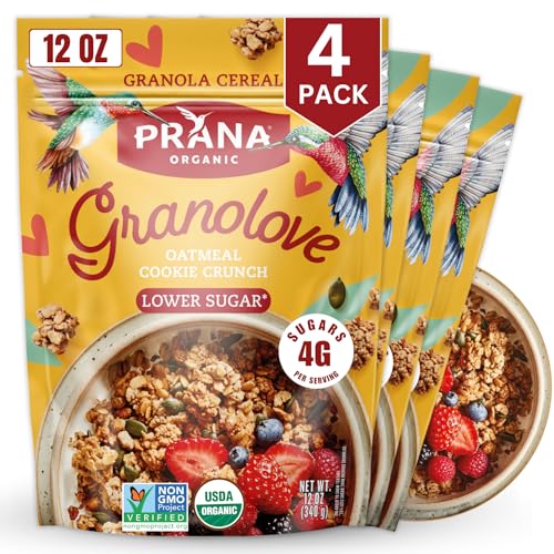 Prana Granolove - Oatmeal Cookie Crunch Organic Granola Cereal | Rich in Fiber & Protein, Vegan, Non-GMO, Kosher and Low-Sugar - 12 oz Bags - 4 Pack