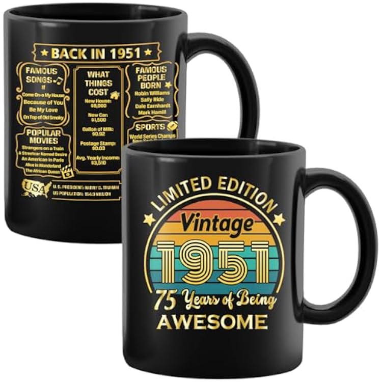 QUPT 75th Birthday Gifts for Women Men, 75th Birthday Gifts for Him, 1951 Birthday Gifts for Women Men, 75 Years Old Gifts, 1951 Birthday Gifts for Her Him, 75th Birthday Presents Coffee Mug