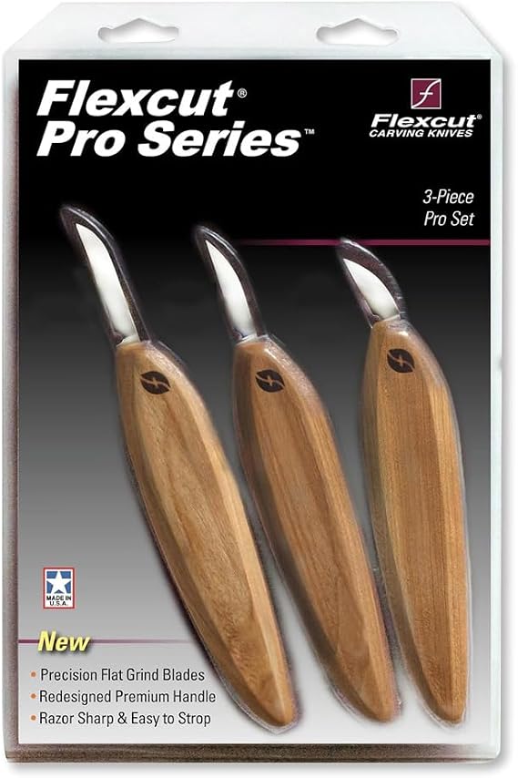 FLEXCUT Pro Series Wood Carving Tools, 3-Pack Kit with 1" Chip, 1-3/8" Detail, 1-5/8" Carving, Ergonomic Knife Handles (FP200)