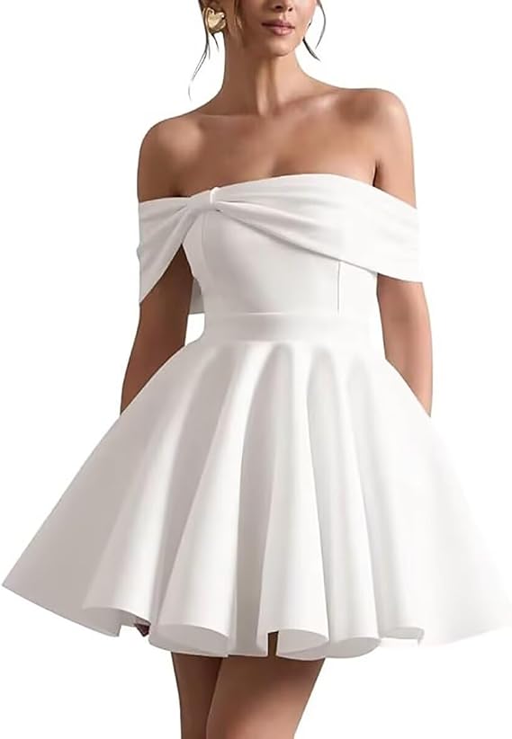 Women's Satin Wedding Dress for Bride Short Homecoming Dresses Off The Shoulder Sleeveless Prom Dress