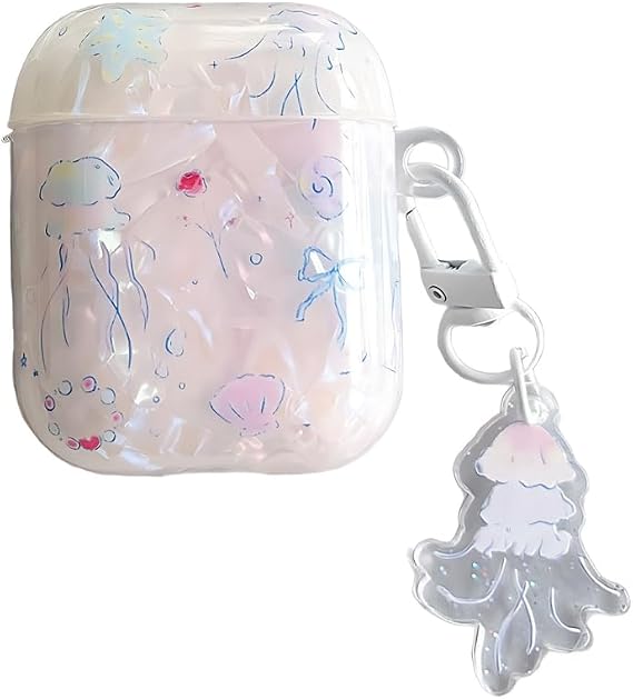 for AirPod case,Cute Jellyfish Cartoon Animal Print,Shiny sea Shell Gloss Design for Ladies and Girls with Keychain for AirPods 2nd Generation