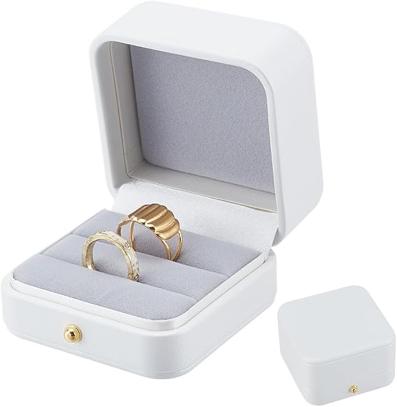 2 Slot Wedding Engagement Ring Box 2.91x2.78x1.75 Inch Square Leather Velvet Jewelry Ring Box Gorgeous Vintage Double Slots Rings Boxes Wedding Rings Bearer for Weddings Festival Gift Boxes