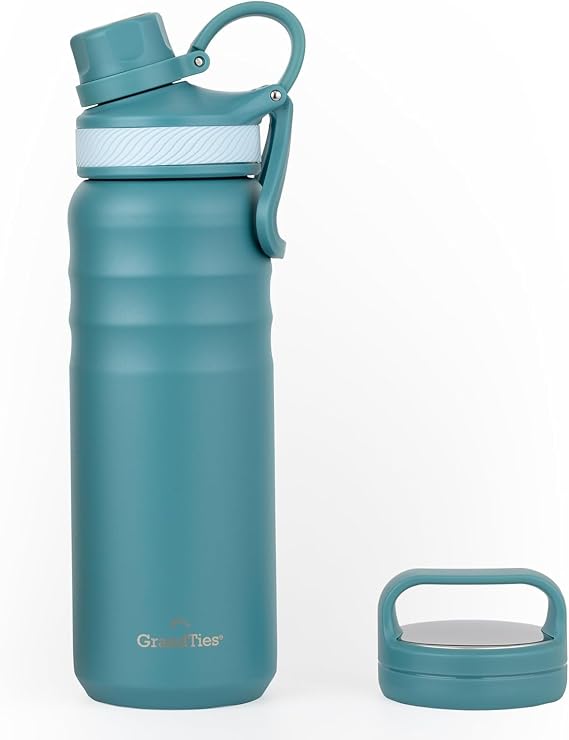 GrandTies 2 Lids Sports Stainless Steel Water Bottles Wide Mouth Vacuum Insulated Reusable Leak Proof BPA-Free Travel Metal Canteen, Thermal Bottles for Men Women Gym (Atlantis Blue, 24 oz)