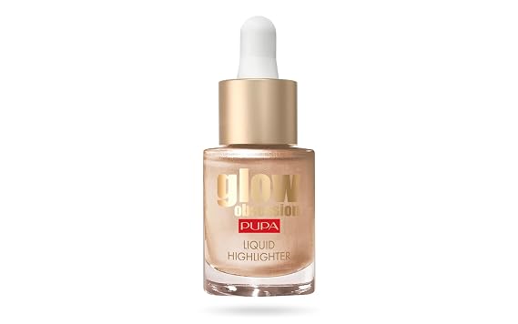 PUPA Milano Glow Obsession Liquid Face Highlighter - Stunning Glowing-From-Within Look - Luminous Baked Powder - Lightweight All-Over Powder, Highlight, Blush, And Bronzer - 002 Moon Light - 0.45 OZ