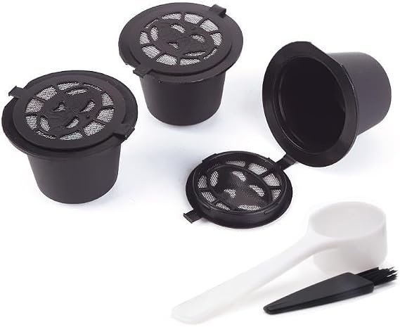 Refillable Coffee Capsules for Nespresso Pack of 3 Refillable Capsules Reusable Capsule Coffee Capsules Refillable Capsule for Nespresso with Coffee Spoon and Brush Black
