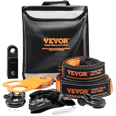 VEVOR Off-Road Recovery Kit, 3 x 30 Tow Straps Heavy Duty with Hooks 30,000 lbs Winch Strap Kit, 44092 lbs D-Ring Shackles, Shackle Receiver, Snatch Block Pulley, Gloves, Storage Bag for ATV Jeep