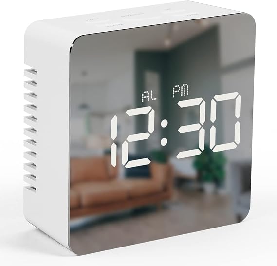 mooas LED Digital Mirror Desk Clock with USB Cable, Alarm/Snooze(Square)