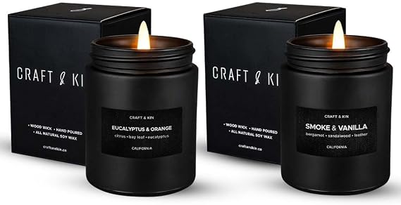 Craft & Kin Premium Scented Candle Bundle - Orange & Eucalyptus Candles, 7.6oz & Smoke & Vanilla Candle, 7.6oz - Long-Lasting 45-Hour Burn