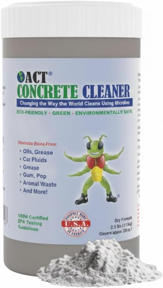 ACT Concrete Cleaner Eco-Friendly Dry Powder Oil Stain Remover for Driveways, Sidewalks, Garages & Commercial Use | HOA Approved | Bioremediation Formula | Safe around Pets | 2.5lb