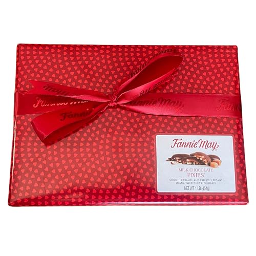 Fannie May Pixies, Milk Chocolate Covered Caramel with Pecans, Signature Heart Print Chocolate Candy Gift Box, 1 lb
