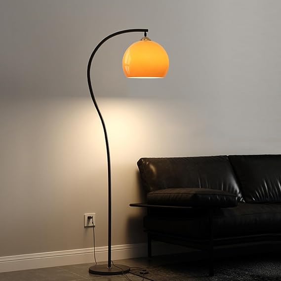 Arc Floor Lamp for Living Room Mid Century Modern Floor Lamps with Adjustable Orange Glass Shade Mushroom Tall Standing Lamp Gold Pole Tall Lamp for Home Office Bedroom (Bulb Included) [Energy Class A+++]