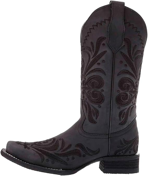 Corral Boots Womens All Black Tooled Inlay Square Toe Casual Boots Mid Calf Low Heel 1-2"